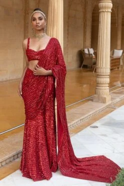Arpita Mehta Red Hand Embroidered Sequin Sari Set