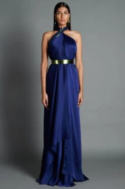 Amit Aggarwal Blue Halter Neck Draped Gown