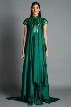 Amit Aggarwal Emerald Green Draped Gown With Metallic Details