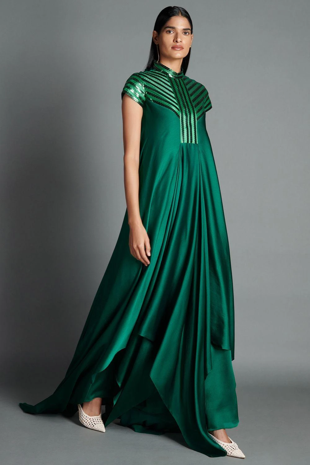 Amit Aggarwal Emerald Green Draped Gown With Metallic Details 2 Amit Aggarwal Emerald Green Draped Gown With Metallic Details - Image 2