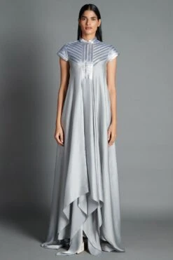 Amit Aggarwal Silver Draped Gown With Metallic Details