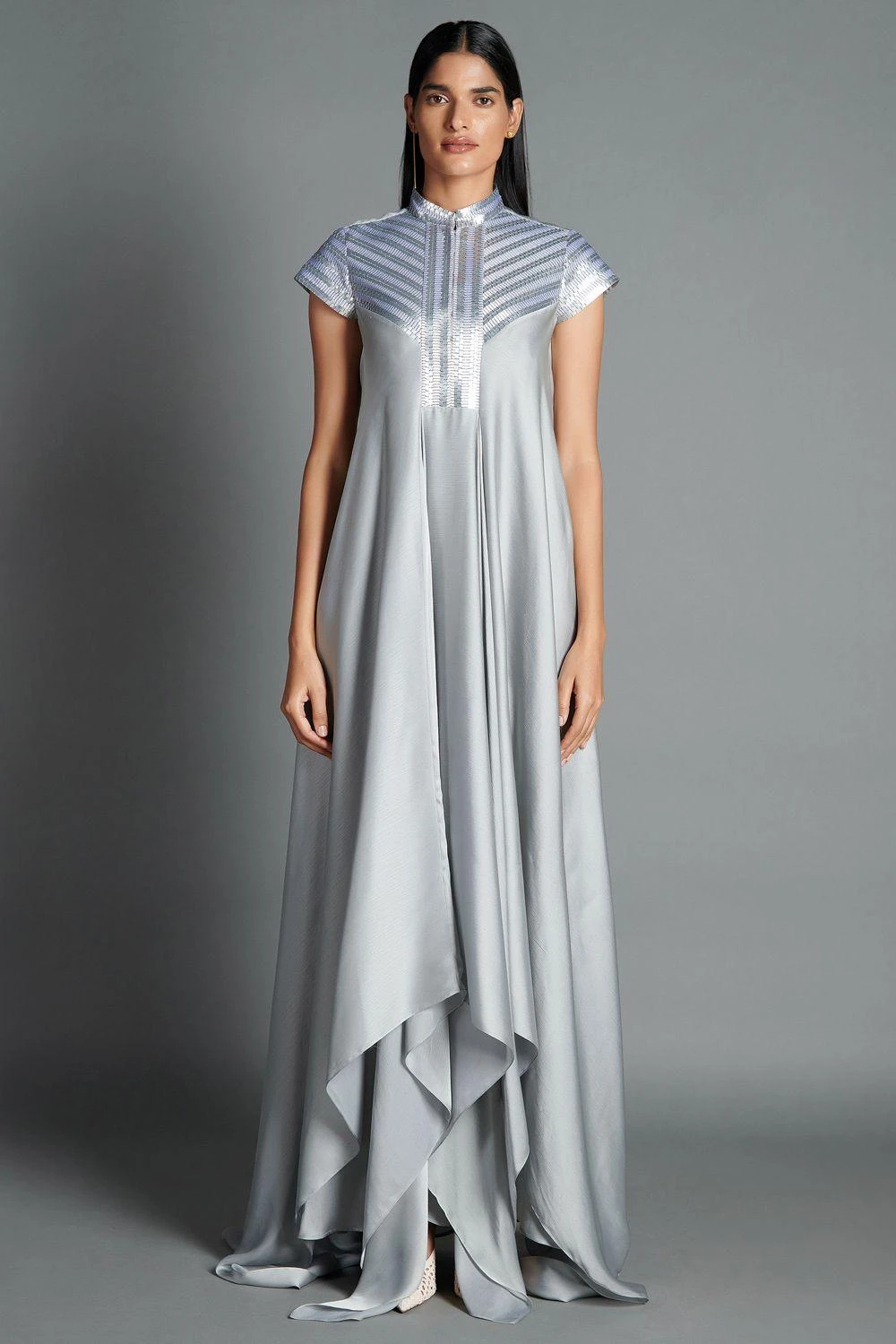 Amit Aggarwal Silver Draped Gown With Metallic Details 1 Amit Aggarwal Silver Draped Gown With Metallic Details