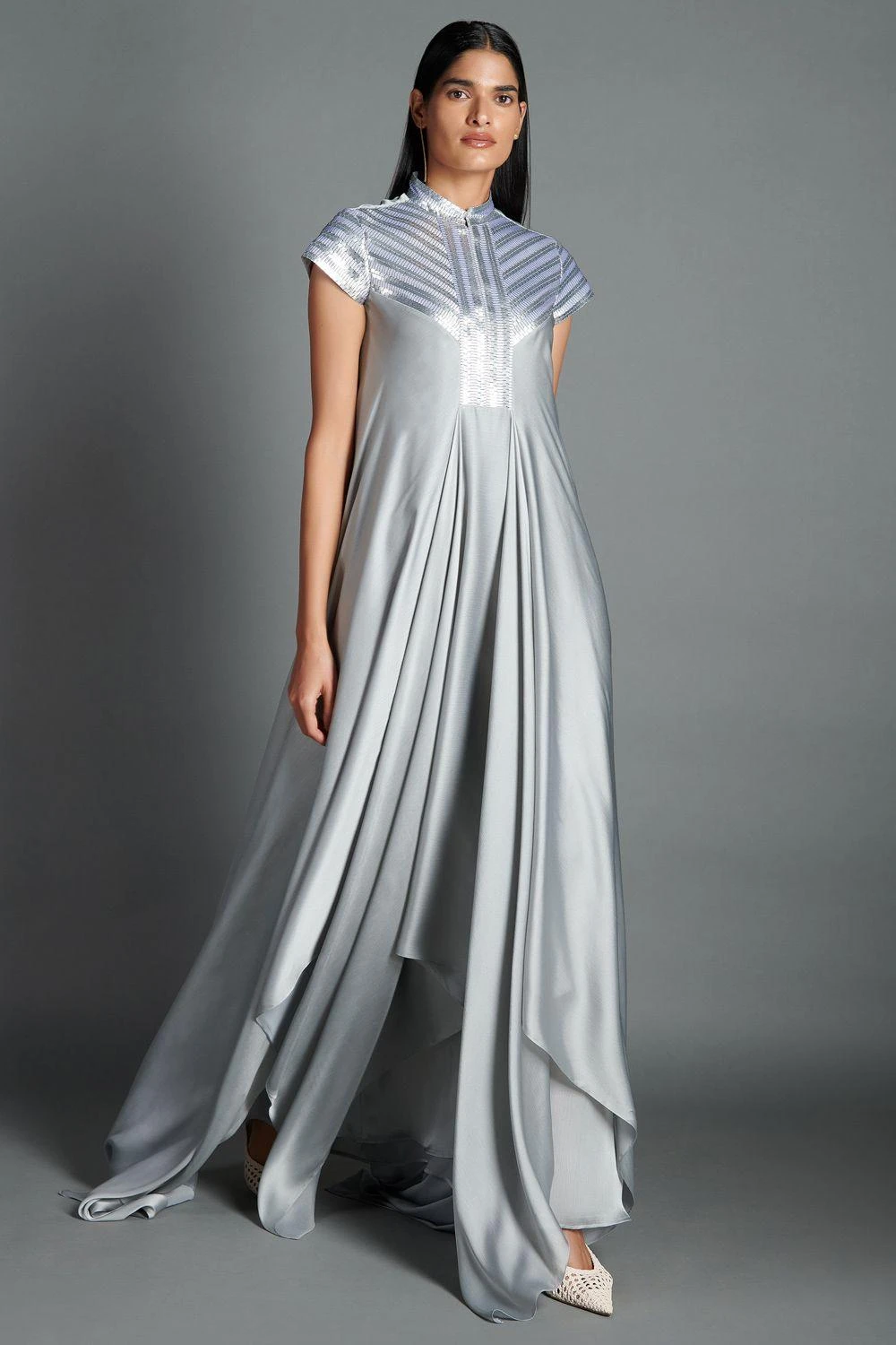 Amit Aggarwal Silver Draped Gown With Metallic Details 2 Amit Aggarwal Silver Draped Gown With Metallic Details - Image 2