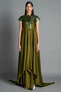 Amit Aggarwal Olive Green Draped Gown With Metallic Details