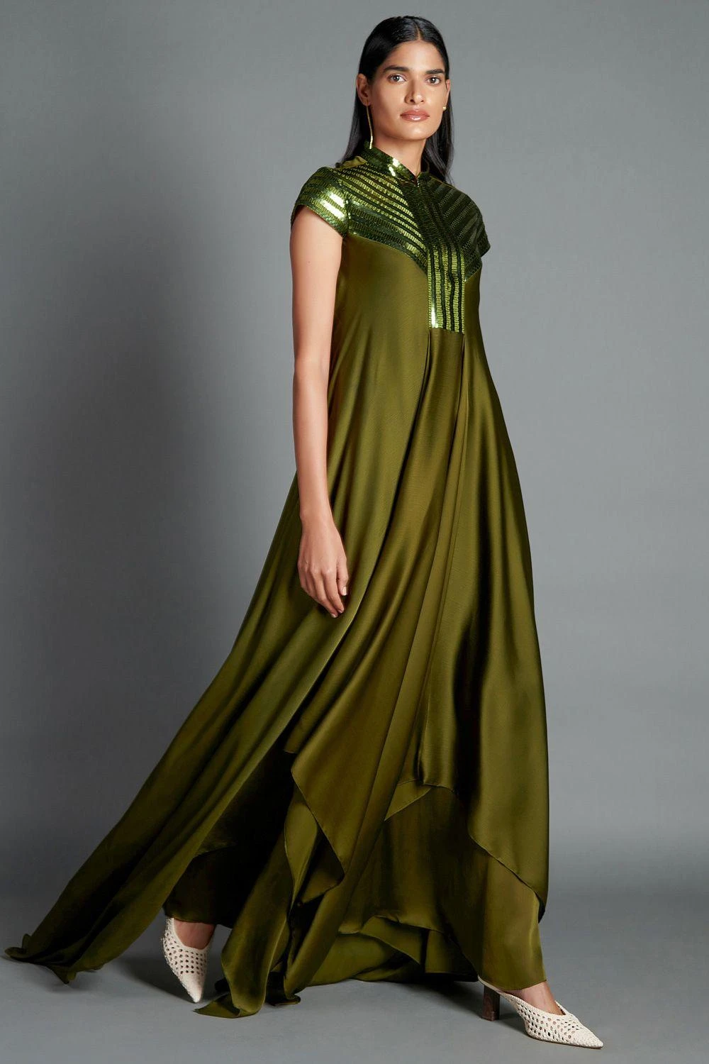 Amit Aggarwal Olive Green Draped Gown With Metallic Details 2 Amit Aggarwal Olive Green Draped Gown With Metallic Details - Image 2
