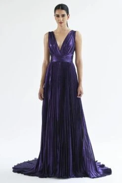 Gauri & Nainika Purple Plunge Neck Plisse Gown -Echo Clothing Store 0809gk07 1