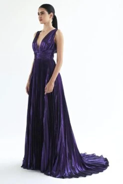 Gauri & Nainika Purple Plunge Neck Plisse Gown -Echo Clothing Store 0809gk07 2