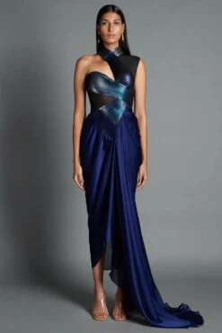 Amit Aggarwal Navy Blue Metallic Moulded Draped Gown