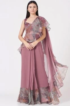 Aisha Rao Mauve Ruffled Georgette Sari