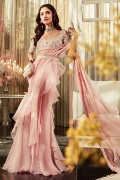 Ridhi Mehra Light Pink Organza Draped Sari Set