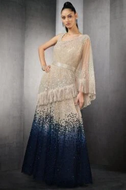 Rohit Gandhi + Rahul Khanna Mist To Galaxy Blue Embellished Gown & A Cape