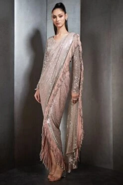 Rohit Gandhi + Rahul Khanna Rose Pink Fringed & Draped Sari