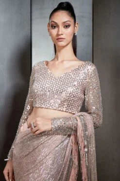 Rohit Gandhi + Rahul Khanna Rose Pink Fringed & Draped Sari -Echo Clothing Store 0911rg53 3