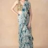 Arpita Mehta Teal Floral Printed Tiered Sari Set