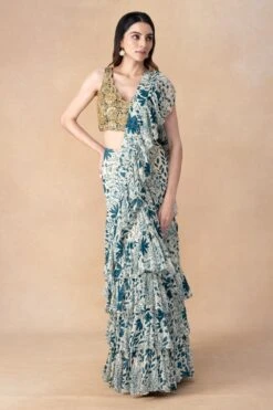 Arpita Mehta Teal Floral Printed Tiered Sari Set