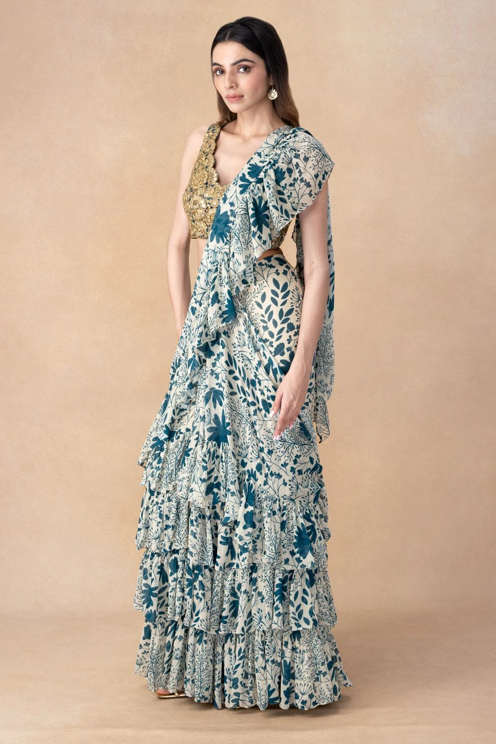 Arpita Mehta Teal Floral Printed Tiered Sari Set 2 Arpita Mehta Teal Floral Printed Tiered Sari Set - Image 2