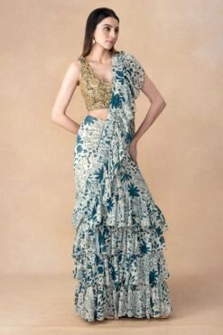 Arpita Mehta Teal Floral Printed Tiered Sari Set 7 Arpita Mehta Teal Floral Printed Tiered Sari Set -Echo Clothing Store 101123am11 3