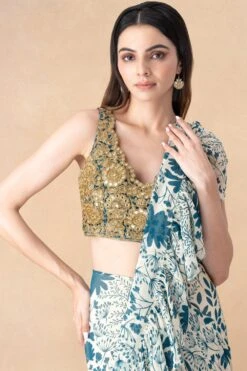 Arpita Mehta Teal Floral Printed Tiered Sari Set 8 Arpita Mehta Teal Floral Printed Tiered Sari Set -Echo Clothing Store 101123am11 4