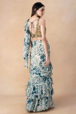 Arpita Mehta Teal Floral Printed Tiered Sari Set 9 Arpita Mehta Teal Floral Printed Tiered Sari Set -Echo Clothing Store 101123am11 5