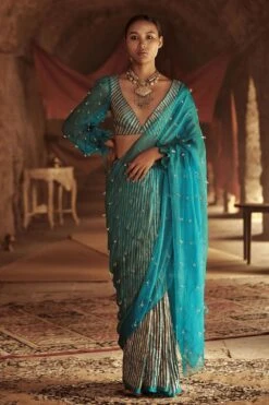 Itrh Striped Sari With Crystal Embellished Blouse