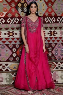 Ridhima Bhasin Fuchsia Chevron Embroidered Anarkali & Dupatta