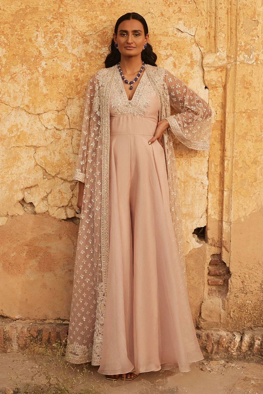 Ridhi Mehra Champagne Embroidered Jacket & Jumpsuit Set 1 Ridhi Mehra Champagne Embroidered Jacket & Jumpsuit Set