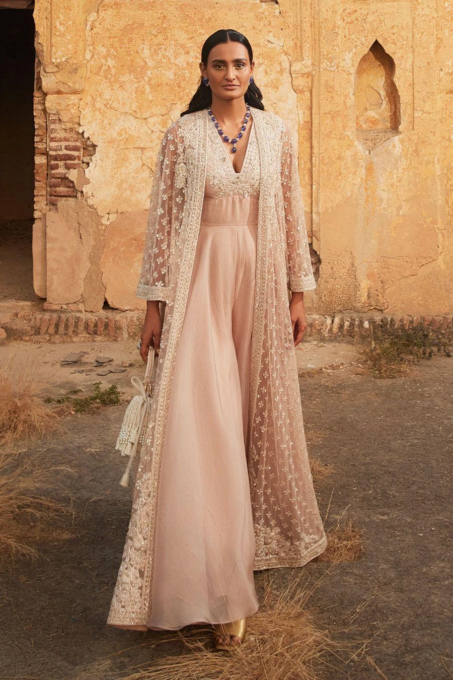 Ridhi Mehra Champagne Embroidered Jacket & Jumpsuit Set 2 Ridhi Mehra Champagne Embroidered Jacket & Jumpsuit Set - Image 2