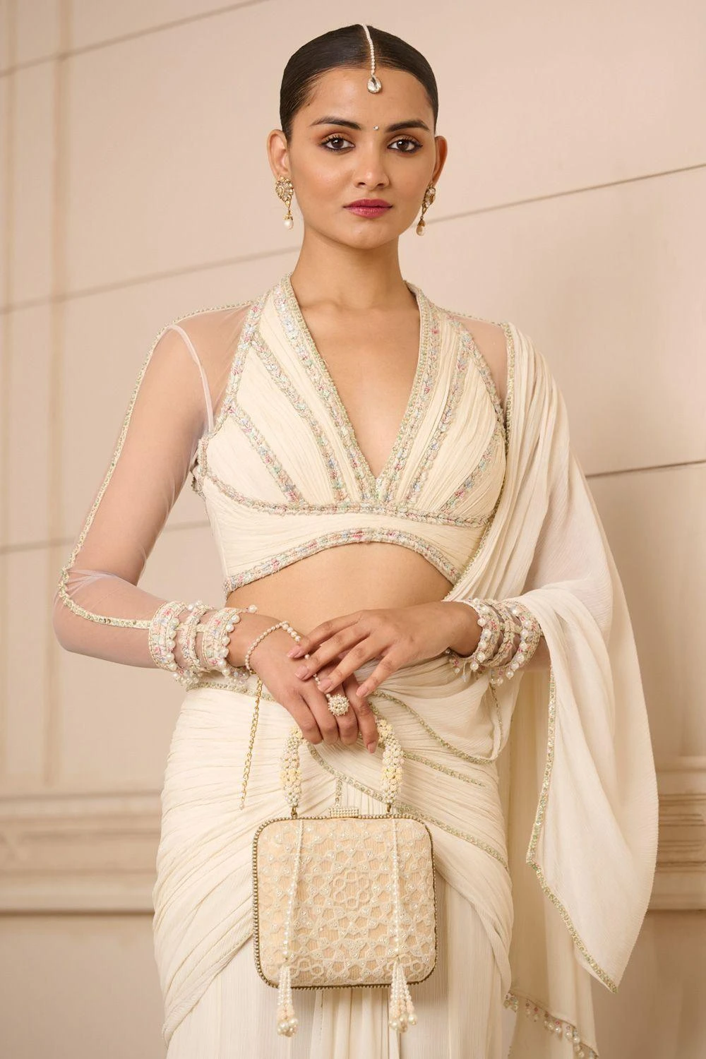 Tarun Tahiliani Ivory Draped Concert Sari 3 Tarun Tahiliani Ivory Draped Concert Sari - Image 3