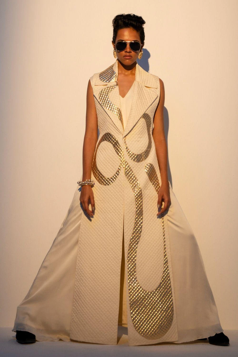 Richa Khemka Beige & Gold Quilted Jacket & Jumpsuit Set 1 Richa Khemka Beige & Gold Quilted Jacket & Jumpsuit Set