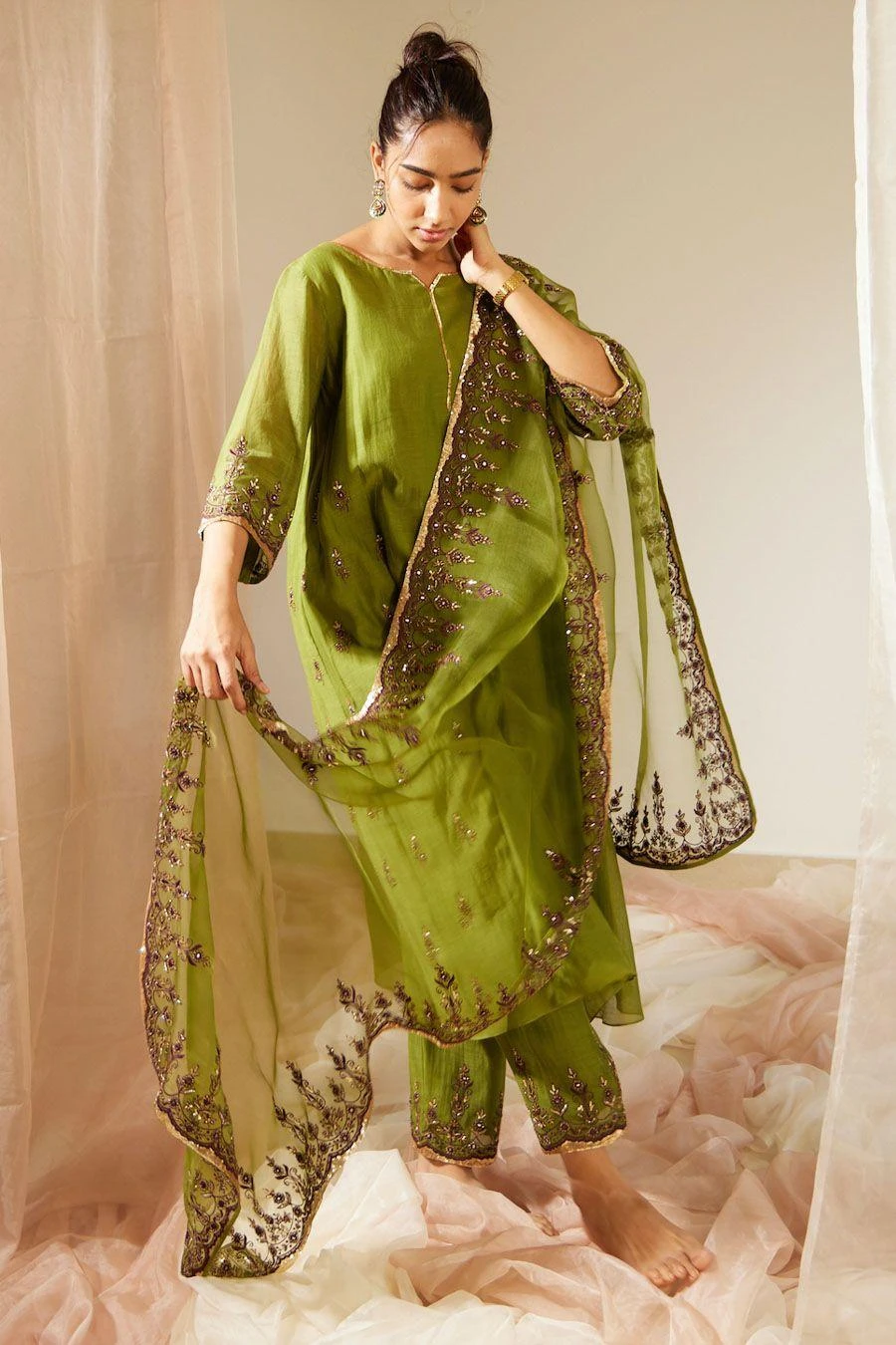 Sarang Kaur Green Poornima Stole 1 Sarang Kaur Green Poornima Stole