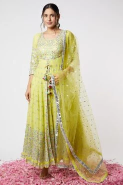 Gopi Vaid Lime Green Embroidered Anarkali Set