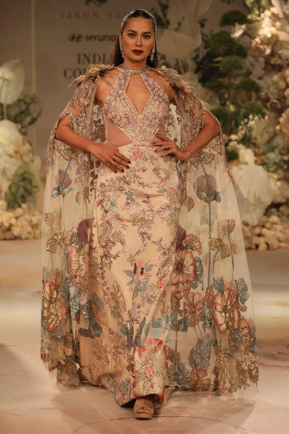 Varun Bahl Champagne Gold Gown With Long Cape 1 Varun Bahl Champagne Gold Gown With Long Cape