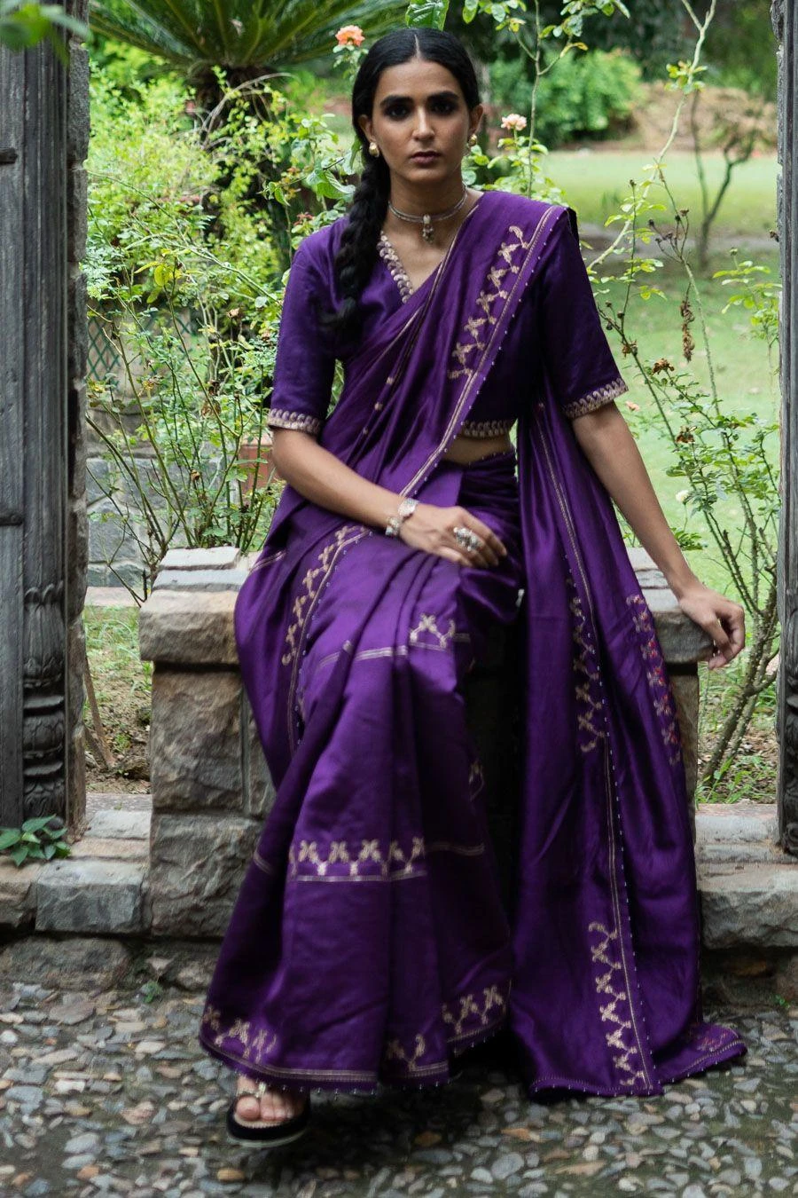 Deep Thee Violet Hand Embroidered Silk Sari Set 2 Deep Thee Violet Hand Embroidered Silk Sari Set - Image 2