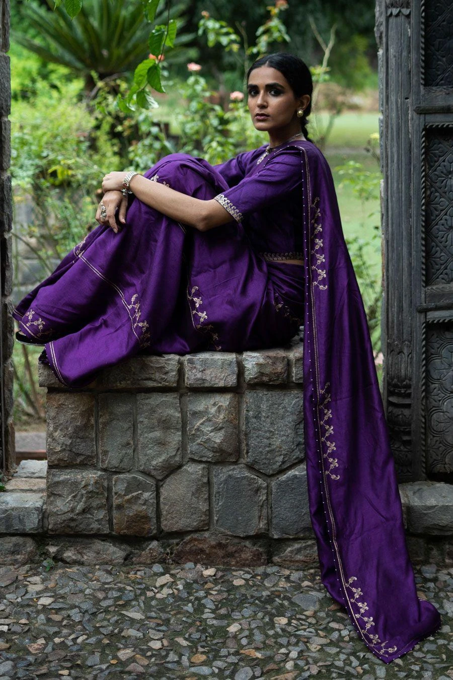 Deep Thee Violet Hand Embroidered Silk Sari Set 5 Deep Thee Violet Hand Embroidered Silk Sari Set - Image 5