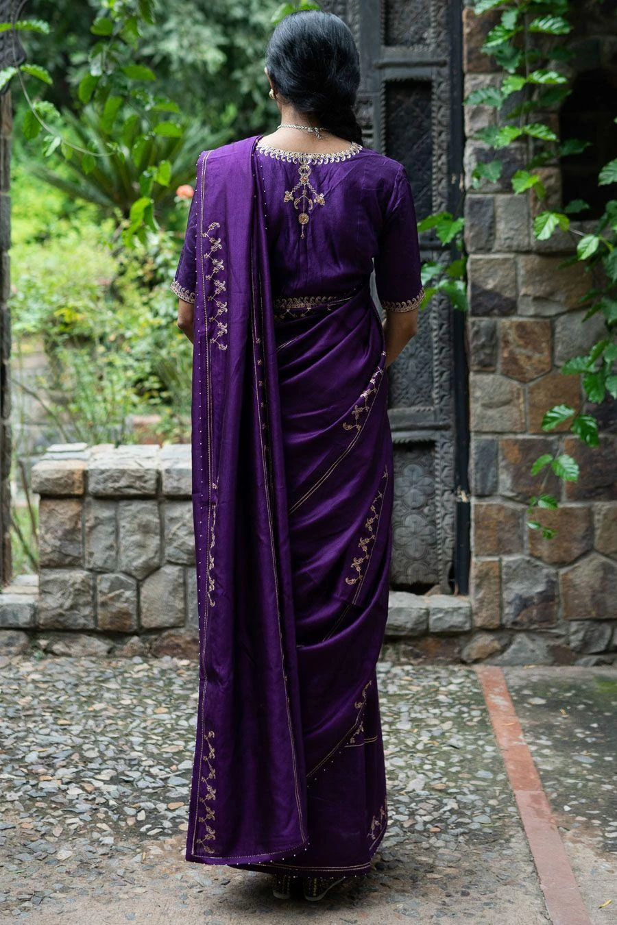 Deep Thee Violet Hand Embroidered Silk Sari Set 6 Deep Thee Violet Hand Embroidered Silk Sari Set - Image 6