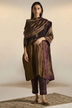 Shorshe Plum Handloom Tissue Striped Dupatta