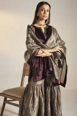 Shorshe Slate Silver Handloom Tissue Dupatta