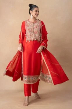 Anamika Khanna Rich Red Sequin & Thread Embellished Kurta Set