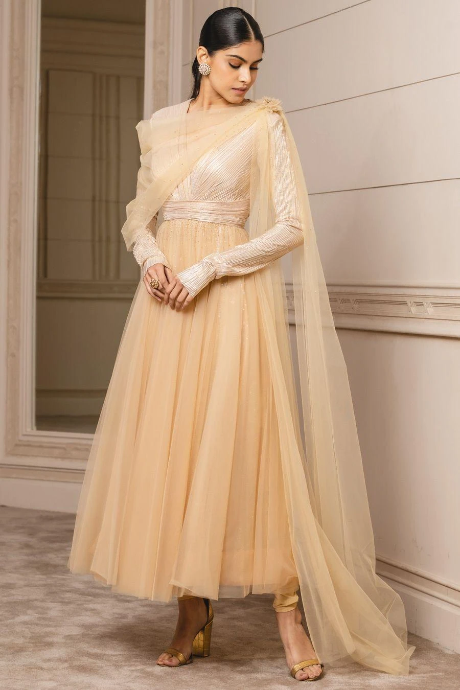 Tarun Tahiliani Gold Draped Anarkali Set 2 Tarun Tahiliani Gold Draped Anarkali Set - Image 2
