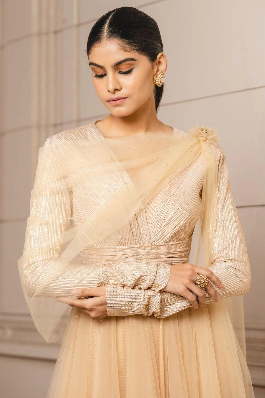 Tarun Tahiliani Gold Draped Anarkali Set 3 Tarun Tahiliani Gold Draped Anarkali Set - Image 3