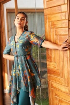 Varun Bahl Pret Teal Floral Printed Kurta Set -Echo Clothing Store 12423vbf10 4