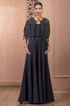 Tarun Tahiliani Black Cutwork Cape & Jumpsuit Set