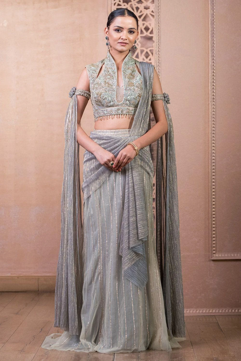 Tarun Tahiliani Palladium Blue Hand Embellished Concept Sari Set 1 Tarun Tahiliani Palladium Blue Hand Embellished Concept Sari Set