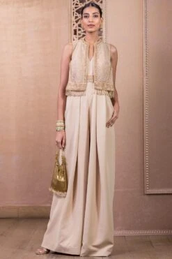 Tarun Tahiliani Beige Hand Embellished Jumpsuit And Gilet Set