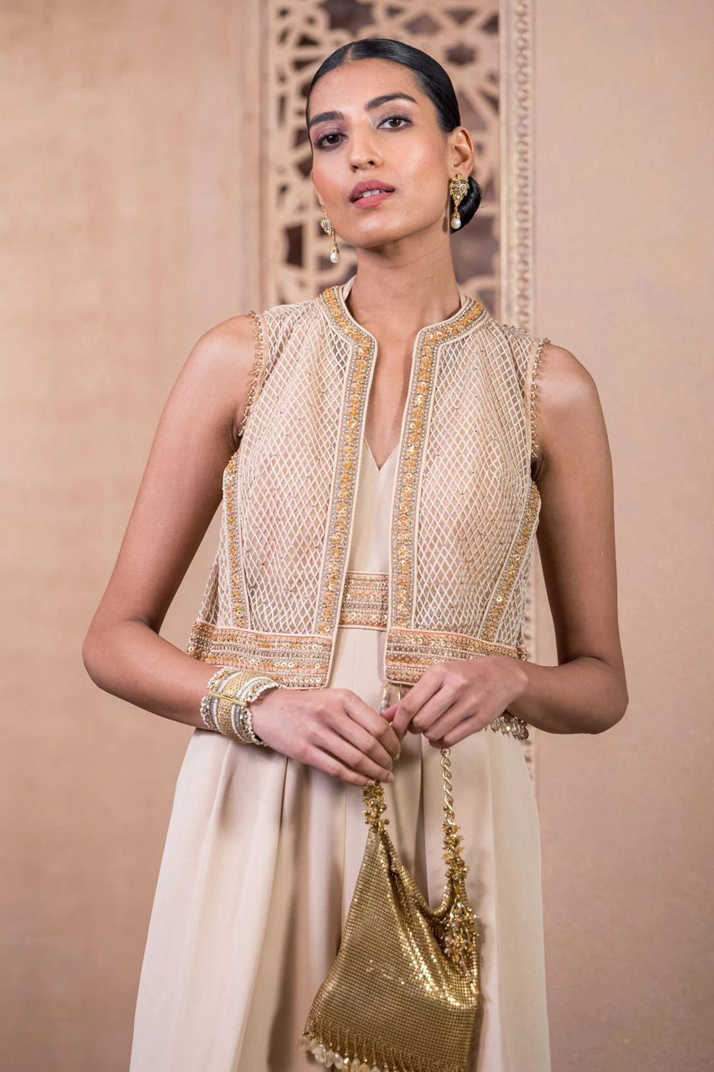 Tarun Tahiliani Beige Hand Embellished Jumpsuit And Gilet Set 2 Tarun Tahiliani Beige Hand Embellished Jumpsuit And Gilet Set - Image 2