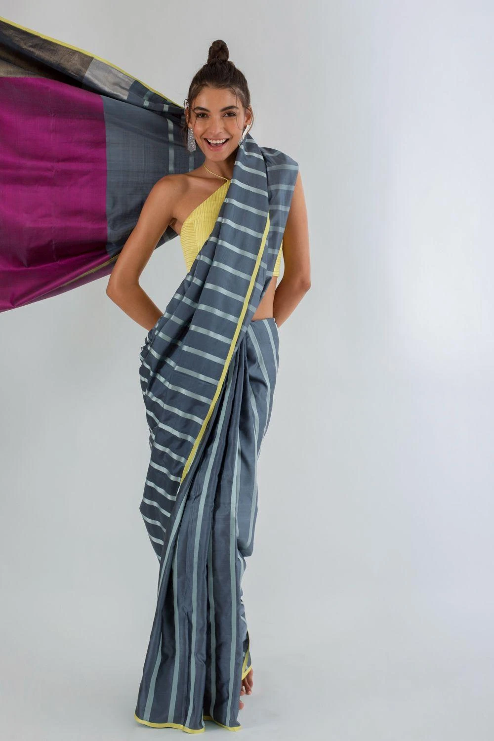 AROHI Dapple Grey Striped Sari 1 AROHI Dapple Grey Striped Sari