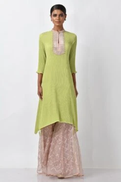 Kiran Uttam Ghosh Lime Green Pleated Kurta