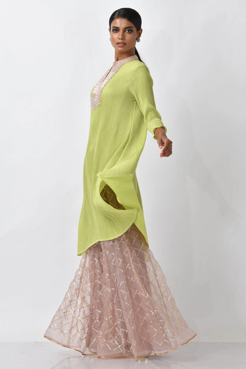 Kiran Uttam Ghosh Lime Green Pleated Kurta 2 Kiran Uttam Ghosh Lime Green Pleated Kurta - Image 2