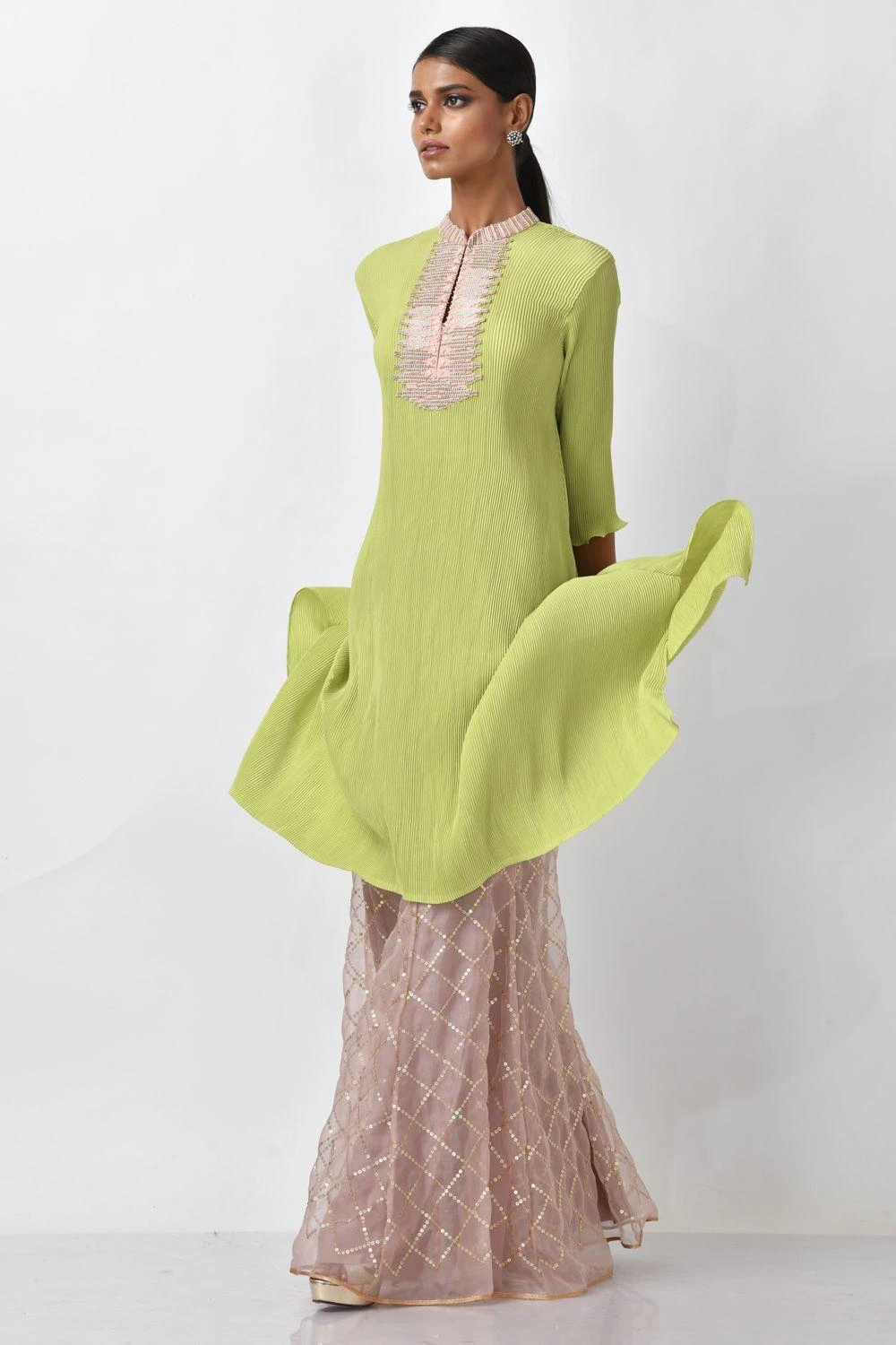 Kiran Uttam Ghosh Lime Green Pleated Kurta 3 Kiran Uttam Ghosh Lime Green Pleated Kurta - Image 3