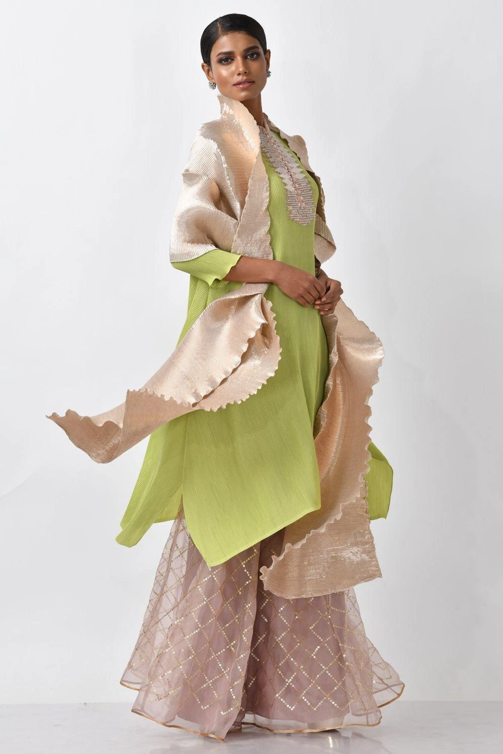 Kiran Uttam Ghosh Lime Green Pleated Kurta 4 Kiran Uttam Ghosh Lime Green Pleated Kurta - Image 4